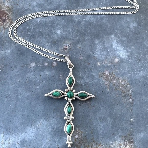 Malachite Cross Sterling Silver Necklace 24" - Picture 1 of 3